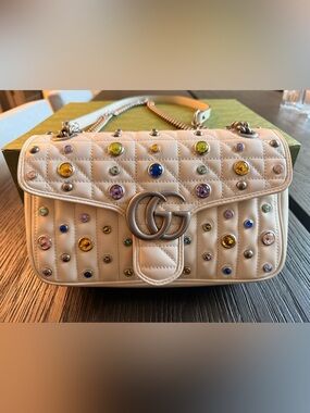 Gucci Crystal GG Marmont Small Shoulder Bag - White